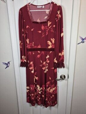 NWOT Susan Graver Whimsigoth Floral Liquid Knit Velvet Trim Maxi Dress S TALL